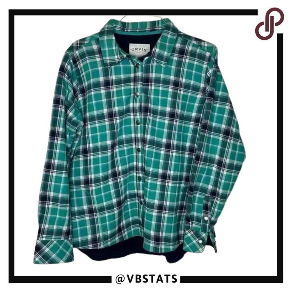 Orvis Size XXL Shacket Green Plaid Flannel Fleece Lined Campcore‎ Snap Front Top